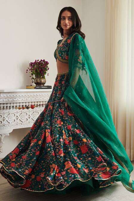 Buy_SHASHA GABA_Green Chanderi, Chiffon Sequins, Embroidery Floral Print Thread Lehenga Set _Online_at_Aza_Fashions