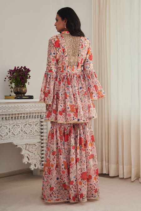 Shop SHASHA GABA Pink Chanderi, Chiffon Sequins, Embroidery Floral Pleated Kurta Gharara Set at Aza Fashions Shop_SHASHA GABA_Pink Chanderi, Chiffon Sequins, Embroidery Floral Pleated Kurta Gharara Set _at_Aza_Fashions