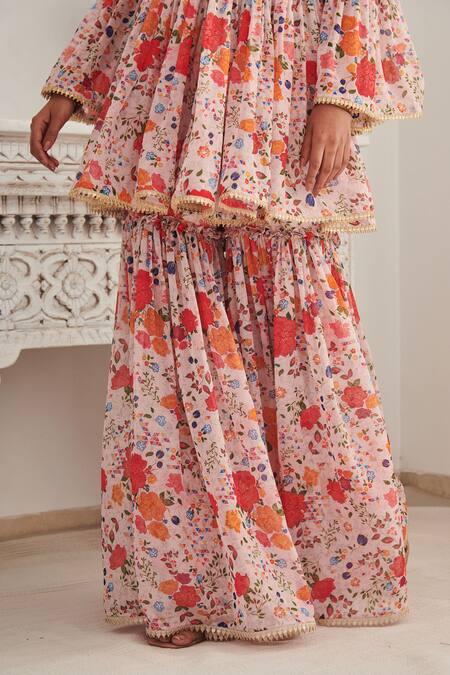 SHASHA GABA Pink Chanderi, Chiffon Sequins, Embroidery Floral Pleated Kurta Gharara Set Online at Aza Fashions SHASHA GABA_Pink Chanderi, Chiffon Sequins, Embroidery Floral Pleated Kurta Gharara Set _Online_at_Aza_Fashions