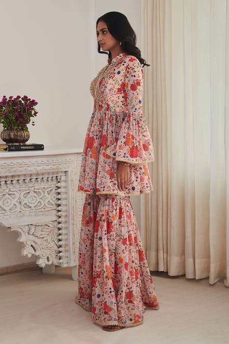 Shop SHASHA GABA Pink Chanderi, Chiffon Sequins, Embroidery Floral Pleated Kurta Gharara Set Online at Aza Fashions Shop_SHASHA GABA_Pink Chanderi, Chiffon Sequins, Embroidery Floral Pleated Kurta Gharara Set _Online_at_Aza_Fashions
