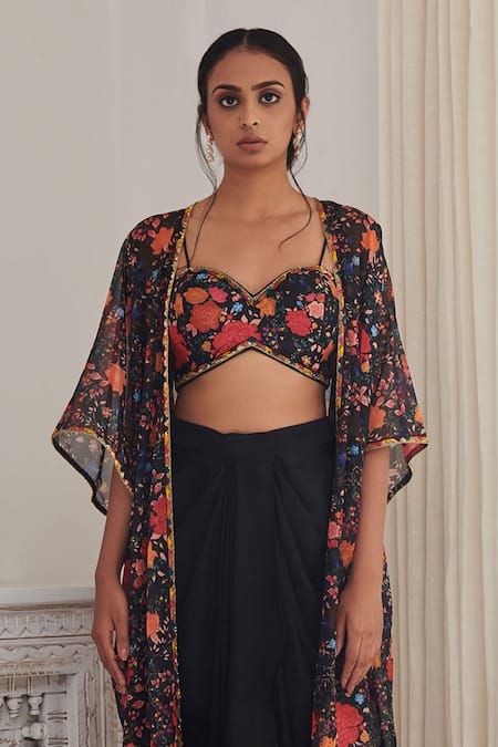 SHASHA GABA Black Chiffon Sequins, Embroidery Sweetheart , Open Floral Skirt Set Online at Aza Fashions SHASHA GABA_Black Chiffon Sequins, Embroidery Sweetheart , Open Floral Skirt Set _Online_at_Aza_Fashions