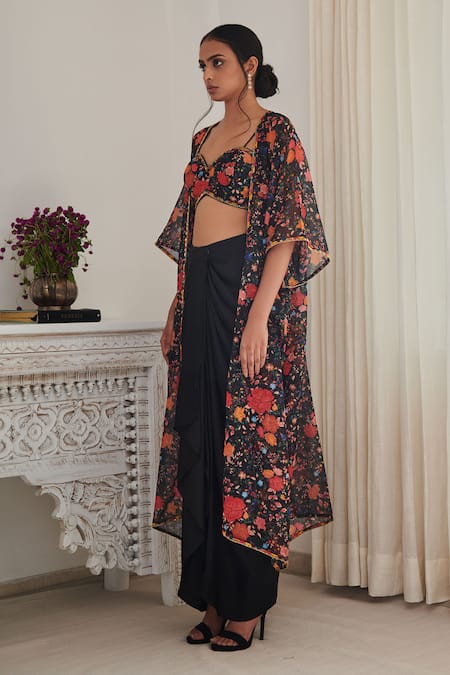 Shop SHASHA GABA Black Chiffon Sequins, Embroidery Sweetheart , Open Floral Skirt Set Online at Aza Fashions Shop_SHASHA GABA_Black Chiffon Sequins, Embroidery Sweetheart , Open Floral Skirt Set _Online_at_Aza_Fashions