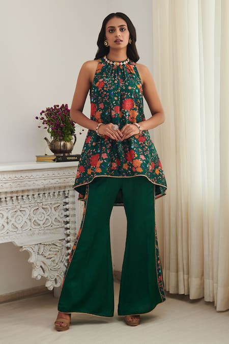SHASHA GABA Green Chanderi, Satin Embroidery, Sequins Floral Print Flared Kurta And Pant Set 