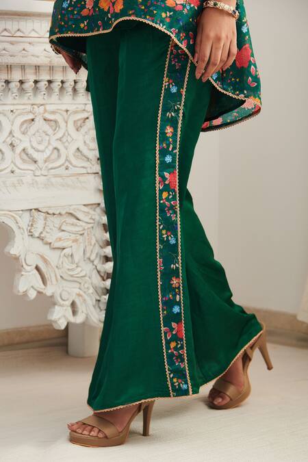 Buy SHASHA GABA Green Chanderi, Satin Embroidery, Sequins Floral Print Flared Kurta And Pant Set Online at Aza Fashions Buy_SHASHA GABA_Green Chanderi, Satin Embroidery, Sequins Floral Print Flared Kurta And Pant Set _Online_at_Aza_Fashions