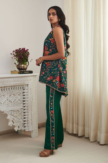 Shop SHASHA GABA Green Chanderi, Satin Embroidery, Sequins Floral Print Flared Kurta And Pant Set Online at Aza Fashions Shop_SHASHA GABA_Green Chanderi, Satin Embroidery, Sequins Floral Print Flared Kurta And Pant Set _Online_at_Aza_Fashions