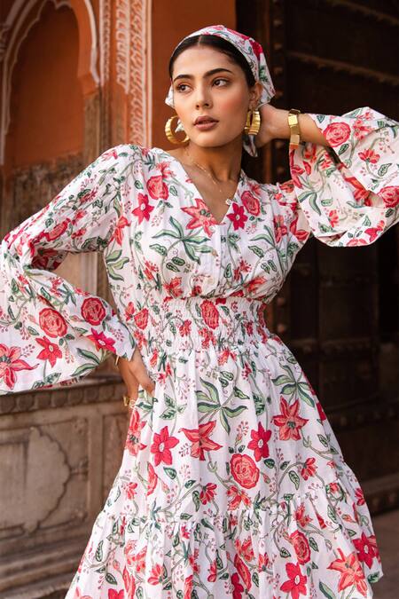 Shop_Marche_White Cotton Hand Block Print Floral V Neck Rose Dress _Online_at_Aza_Fashions