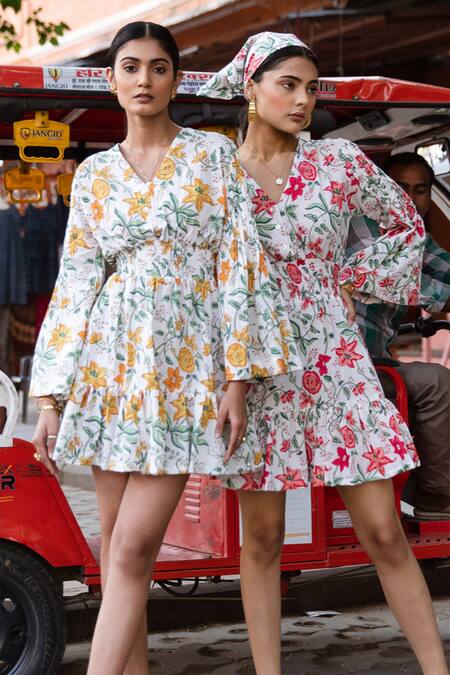 Marche_White Cotton Hand Block Print Floral V Neck Rose Dress _at_Aza_Fashions