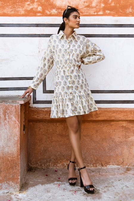 Buy White Cotton Hand Block Print Floral Shirt Collar Dress For Women by  Marche Online at Aza Fashions.