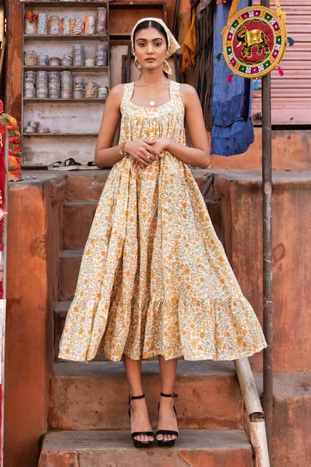 Buy Yellow Cotton Hand Block Print Floral U Neck Mango Slush Flowy Dress  For Women by Marche Online at Aza Fashions.