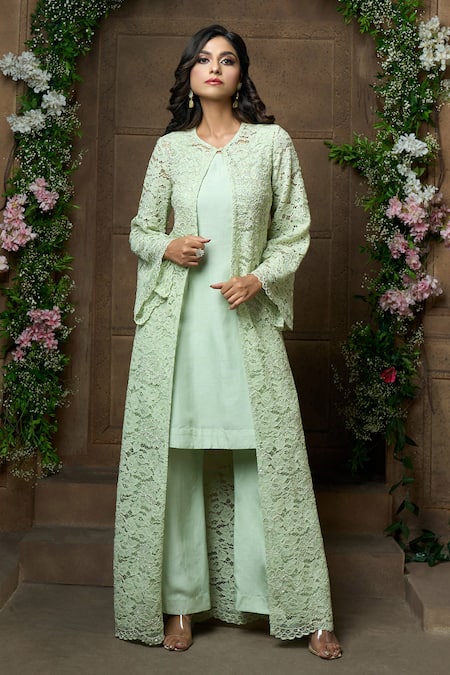 Aariyana Couture_Green Silk, Bamboo, Net Lace, Embroidery Floral Work Jacket Flared Pant Set_Online_at_Aza_Fashions