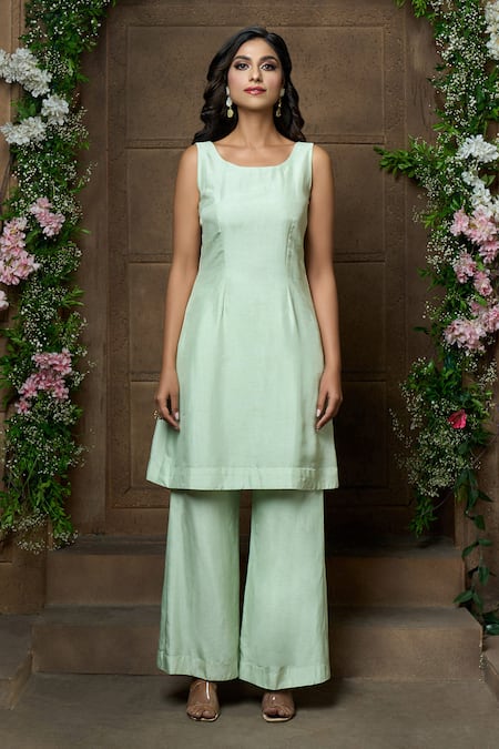 Buy_Aariyana Couture_Green Silk, Bamboo, Net Lace, Embroidery Floral Work Jacket Flared Pant Set_Online_at_Aza_Fashions