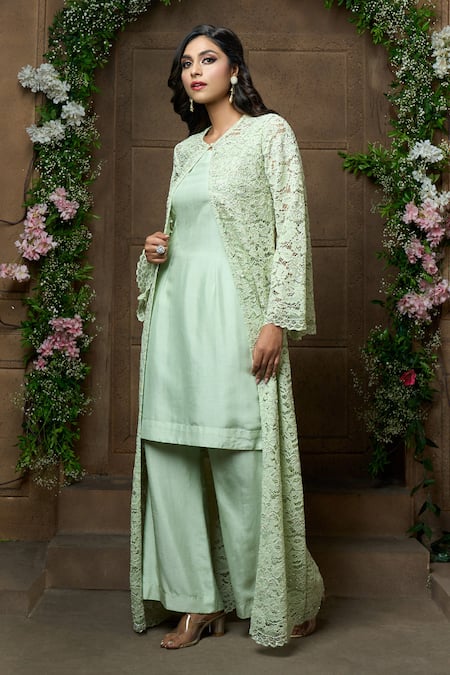 Aariyana Couture_Green Silk, Bamboo, Net Lace, Embroidery Floral Work Jacket Flared Pant Set_at_Aza_Fashions