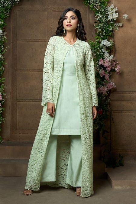 Buy_Aariyana Couture_Green Silk, Bamboo, Net Lace, Embroidery Floral Work Jacket Flared Pant Set