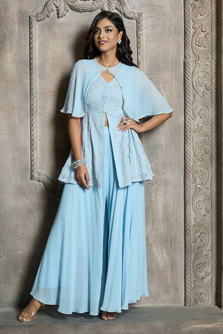 Aariyana Couture_Blue Viscose, Georgette Cut Work, Pearls, Embroidery Ruffle Cape Sharara Set_Online_at_Aza_Fashions