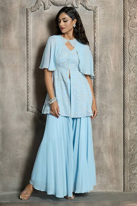 Buy_Aariyana Couture_Blue Viscose, Georgette Cut Work, Pearls, Embroidery Ruffle Cape Sharara Set_Online_at_Aza_Fashions