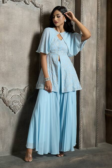 Shop_Aariyana Couture_Blue Viscose, Georgette Cut Work, Pearls, Embroidery Ruffle Cape Sharara Set_Online_at_Aza_Fashions