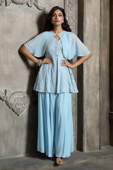 Aariyana Couture_Blue Viscose, Georgette Cut Work, Pearls, Embroidery Ruffle Cape Sharara Set_at_Aza_Fashions