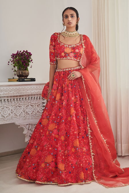 Buy Scarlet Red Lehenga Choli In Raw Silk With Golden Zari Embroidered  Heavy Mughal Border And Floral Jaal With Colorful Resham Flowers KALKI  Fashion India