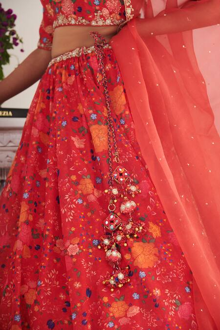 SHASHA GABA_Red Chanderi, Chiffon, Organza Sequins, Embroidery Floral Print Lehenga Set _Online_at_Aza_Fashions