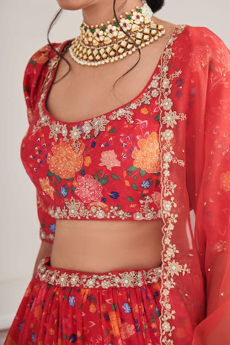 Buy_SHASHA GABA_Red Chanderi, Chiffon, Organza Sequins, Embroidery Floral Print Lehenga Set _Online_at_Aza_Fashions