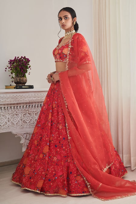 Shop_SHASHA GABA_Red Chanderi, Chiffon, Organza Sequins, Embroidery Floral Print Lehenga Set _Online_at_Aza_Fashions