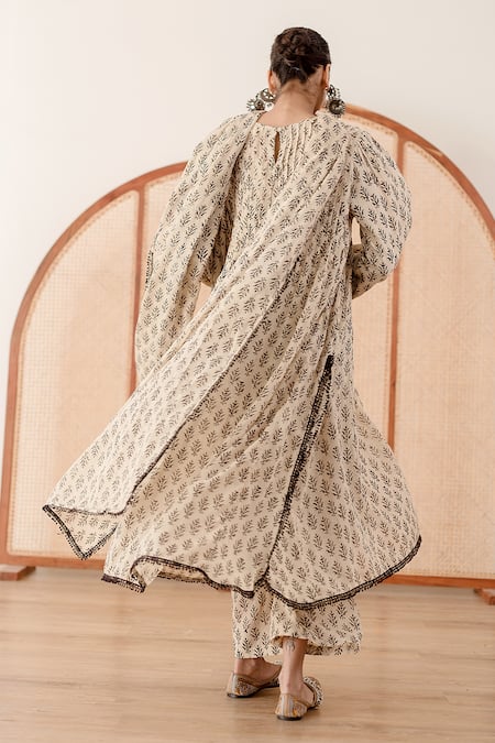 Shop_Gulabo Jaipur_Off White Cotton Embroidery Round Neck Abaya Floral Print Anarkali Pant Set _at_Aza_Fashions