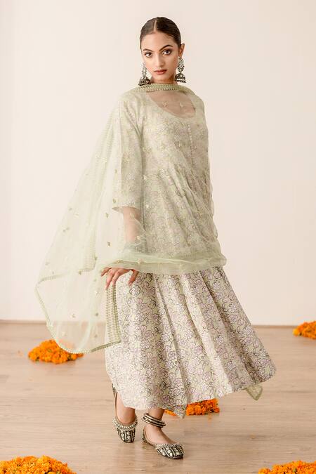 Gulabo Jaipur_Green Muslin, , Satin Khushi Floret Print Anarkali Pant Set_Online_at_Aza_Fashions