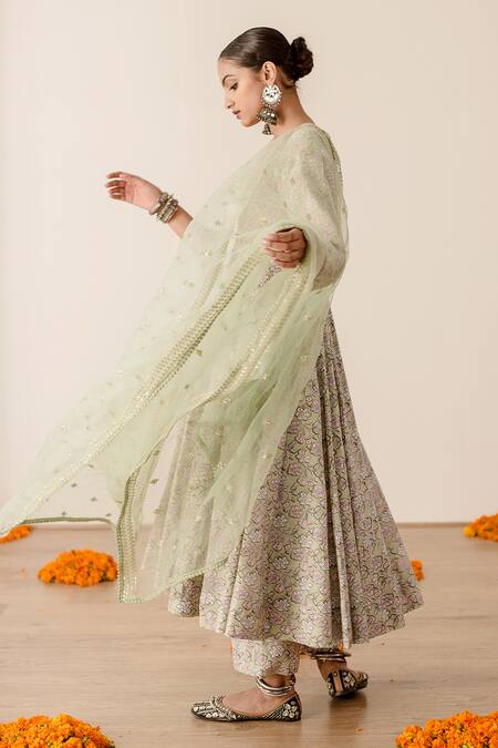 Buy_Gulabo Jaipur_Green Muslin, , Satin Khushi Floret Print Anarkali Pant Set_Online_at_Aza_Fashions