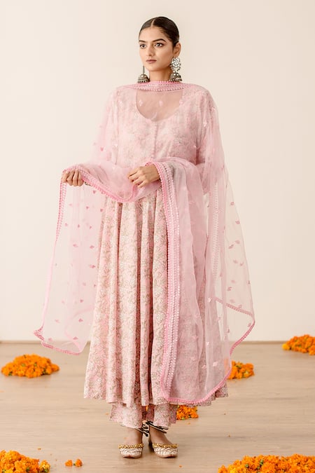 Gulabo Jaipur_Pink Muslin, Cotton, Modal Embroidery Khushi Flower Print Anarkali Pant Set _Online_at_Aza_Fashions