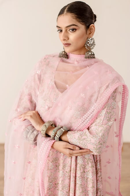 Buy_Gulabo Jaipur_Pink Muslin, Cotton, Modal Embroidery Khushi Flower Print Anarkali Pant Set _Online_at_Aza_Fashions