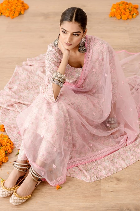 Shop_Gulabo Jaipur_Pink Muslin, Cotton, Modal Embroidery Khushi Flower Print Anarkali Pant Set _Online_at_Aza_Fashions