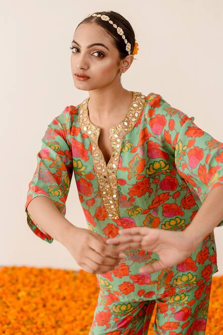 Gulabo Jaipur Green Muslin Sequins Mandarin Collar Rain Flower Print Top And Pant Set Online at Aza Fashions Gulabo Jaipur_Green Muslin Sequins Mandarin Collar Rain Flower Print Top And Pant Set_Online_at_Aza_Fashions