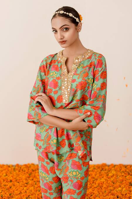 Buy Gulabo Jaipur Green Muslin Sequins Mandarin Collar Rain Flower Print Top And Pant Set Online at Aza Fashions Buy_Gulabo Jaipur_Green Muslin Sequins Mandarin Collar Rain Flower Print Top And Pant Set_Online_at_Aza_Fashions