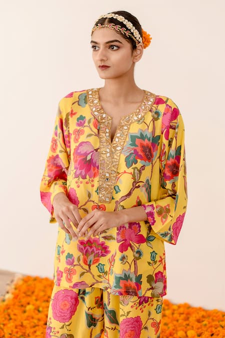 Shop_Gulabo Jaipur_Yellow Muslin Sequins, Mirrors Mandarin Collar Rain Floral Print Top And Pant Set_at_Aza_Fashions
