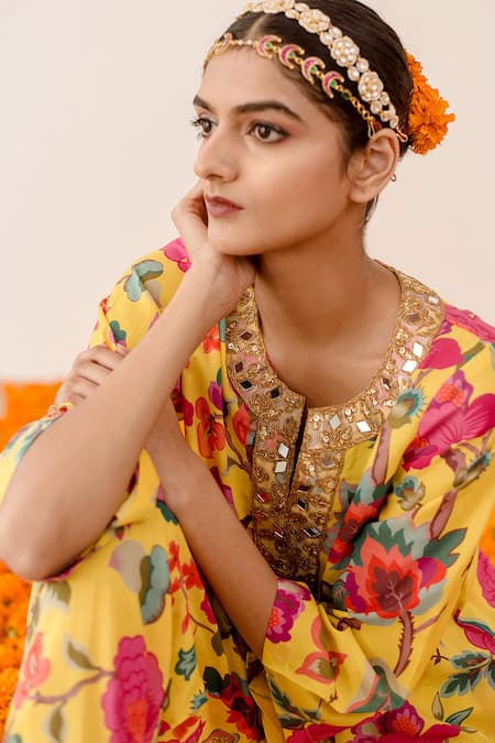 Gulabo Jaipur_Yellow Muslin Sequins, Mirrors Mandarin Collar Rain Floral Print Top And Pant Set_Online_at_Aza_Fashions