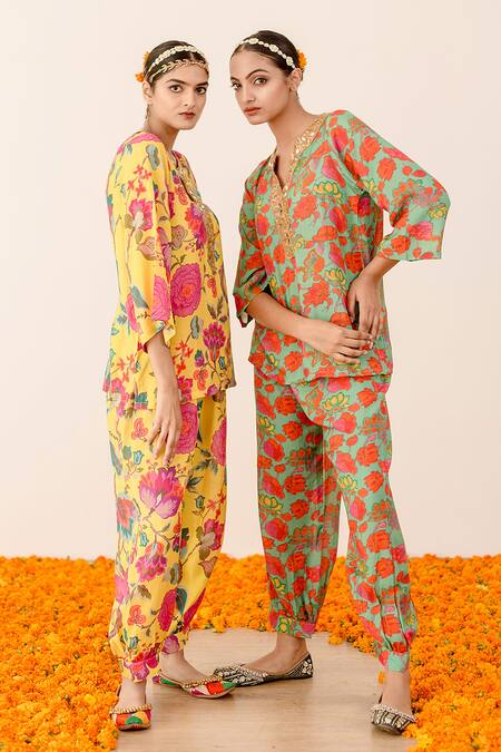 Shop_Gulabo Jaipur_Yellow Muslin Sequins, Mirrors Mandarin Collar Rain Floral Print Top And Pant Set_Online_at_Aza_Fashions