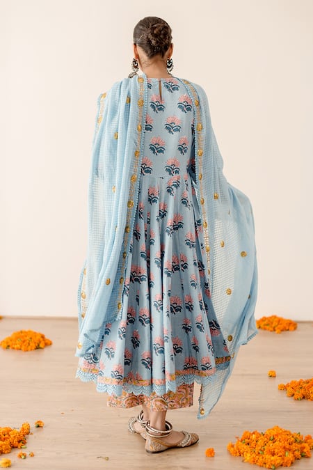 Shop Gulabo Jaipur Blue Cotton, Kota Doria Embroidery, Zari Roshan Flower Print Anarkali Pant Set at Aza Fashions Shop_Gulabo Jaipur_Blue Cotton, Kota Doria Embroidery, Zari Roshan Flower Print Anarkali Pant Set _at_Aza_Fashions