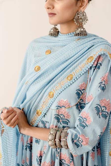 Gulabo Jaipur Blue Cotton, Kota Doria Embroidery, Zari Roshan Flower Print Anarkali Pant Set Online at Aza Fashions Gulabo Jaipur_Blue Cotton, Kota Doria Embroidery, Zari Roshan Flower Print Anarkali Pant Set _Online_at_Aza_Fashions