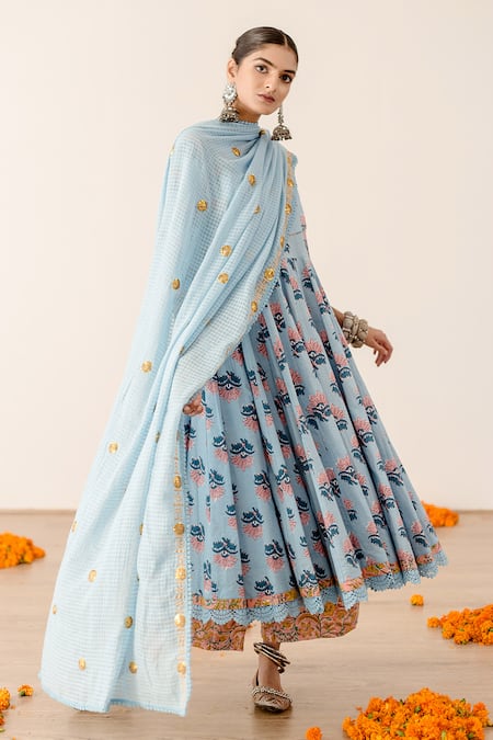 Shop Gulabo Jaipur Blue Cotton, Kota Doria Embroidery, Zari Roshan Flower Print Anarkali Pant Set Online at Aza Fashions Shop_Gulabo Jaipur_Blue Cotton, Kota Doria Embroidery, Zari Roshan Flower Print Anarkali Pant Set _Online_at_Aza_Fashions