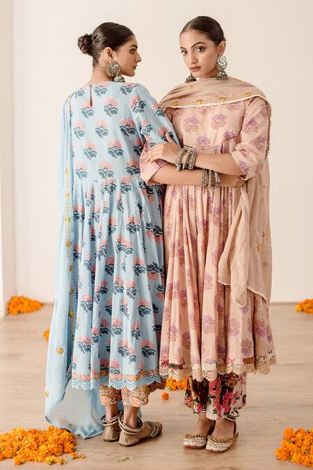 Gulabo Jaipur Blue Cotton, Kota Doria Embroidery, Zari Roshan Flower Print Anarkali Pant Set at Aza Fashions Gulabo Jaipur_Blue Cotton, Kota Doria Embroidery, Zari Roshan Flower Print Anarkali Pant Set _at_Aza_Fashions