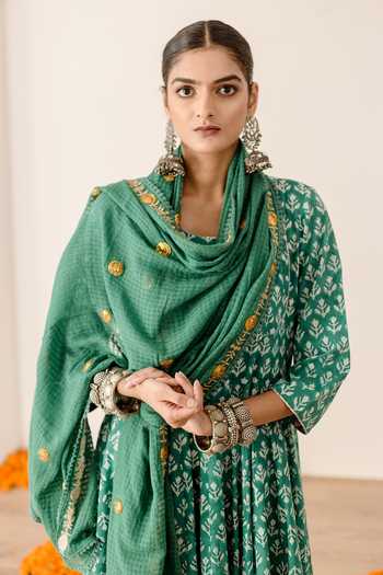Gulabo Jaipur Green Cotton, Kota Doria Embroidery Roshan Floral Print Anarkali Pant Set Online at Aza Fashions Gulabo Jaipur_Green Cotton, Kota Doria Embroidery Roshan Floral Print Anarkali Pant Set_Online_at_Aza_Fashions