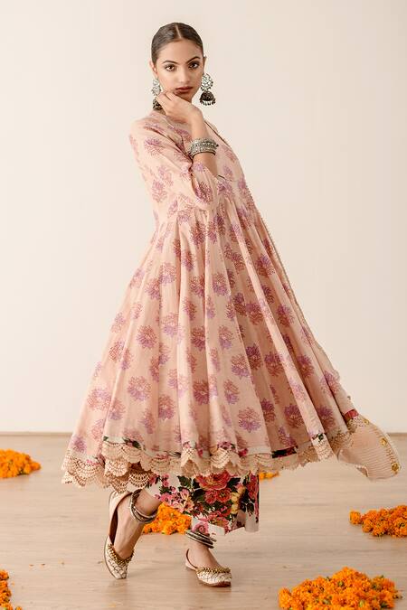 Gulabo Jaipur_Peach Cotton, Kota Doria Embroidery High Roshan Flower Print Anarkali Pant Set _Online_at_Aza_Fashions