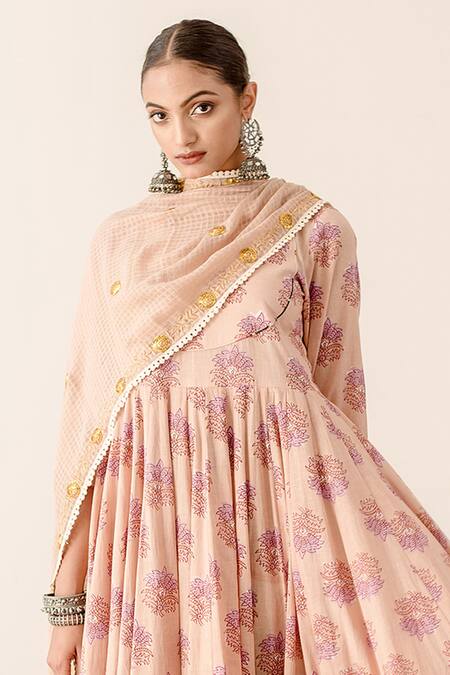 Buy_Gulabo Jaipur_Peach Cotton, Kota Doria Embroidery High Roshan Flower Print Anarkali Pant Set _Online_at_Aza_Fashions
