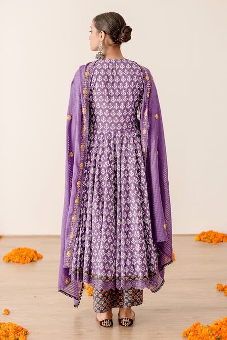 Shop Gulabo Jaipur Purple Cotton, Kota Doria Embroidery Roshan Floral Print Anarkali Pant Set at Aza Fashions Shop_Gulabo Jaipur_Purple Cotton, Kota Doria Embroidery Roshan Floral Print Anarkali Pant Set _at_Aza_Fashions