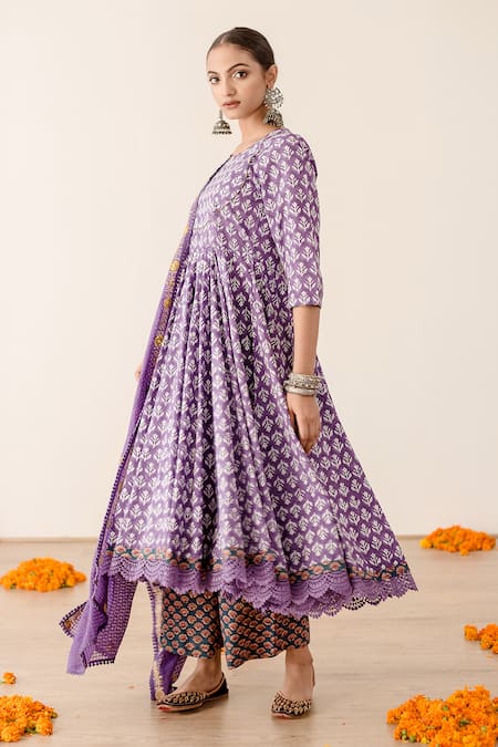 Gulabo Jaipur Purple Cotton, Kota Doria Embroidery Roshan Floral Print Anarkali Pant Set Online at Aza Fashions Gulabo Jaipur_Purple Cotton, Kota Doria Embroidery Roshan Floral Print Anarkali Pant Set _Online_at_Aza_Fashions