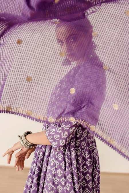 Gulabo Jaipur Purple Cotton, Kota Doria Embroidery Roshan Floral Print Anarkali Pant Set at Aza Fashions Gulabo Jaipur_Purple Cotton, Kota Doria Embroidery Roshan Floral Print Anarkali Pant Set _at_Aza_Fashions