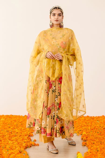 Gulabo Jaipur Yellow Georgette, Organza Embroidery V-neck Ruby Floret Print Anarkali Pant Set