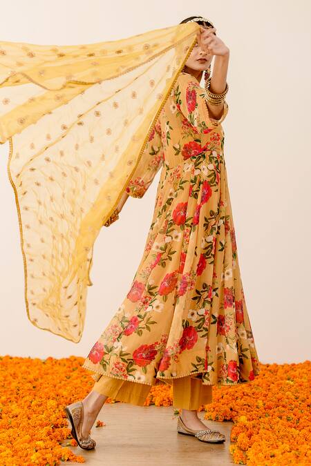 Shop Gulabo Jaipur Yellow Georgette, Organza Embroidery V-neck Ruby Floret Print Anarkali Pant Set at Aza Fashions Shop_Gulabo Jaipur_Yellow Georgette, Organza Embroidery V-neck Ruby Floret Print Anarkali Pant Set_at_Aza_Fashions