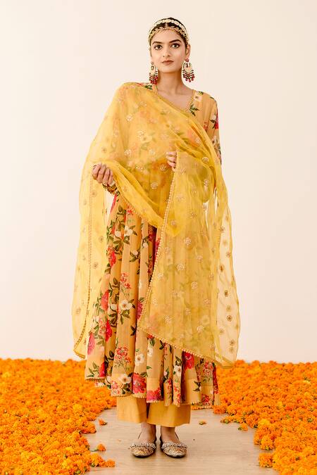 Gulabo Jaipur Yellow Georgette, Organza Embroidery V-neck Ruby Floret Print Anarkali Pant Set Online at Aza Fashions Gulabo Jaipur_Yellow Georgette, Organza Embroidery V-neck Ruby Floret Print Anarkali Pant Set_Online_at_Aza_Fashions