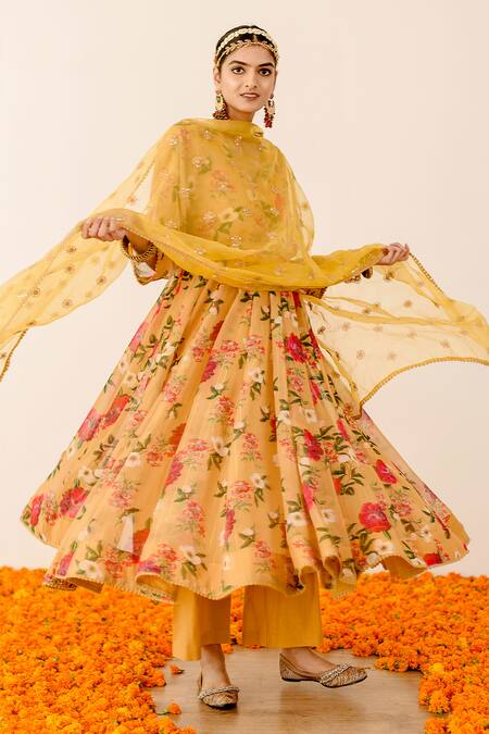 Buy Gulabo Jaipur Yellow Georgette, Organza Embroidery V-neck Ruby Floret Print Anarkali Pant Set Online at Aza Fashions Buy_Gulabo Jaipur_Yellow Georgette, Organza Embroidery V-neck Ruby Floret Print Anarkali Pant Set_Online_at_Aza_Fashions